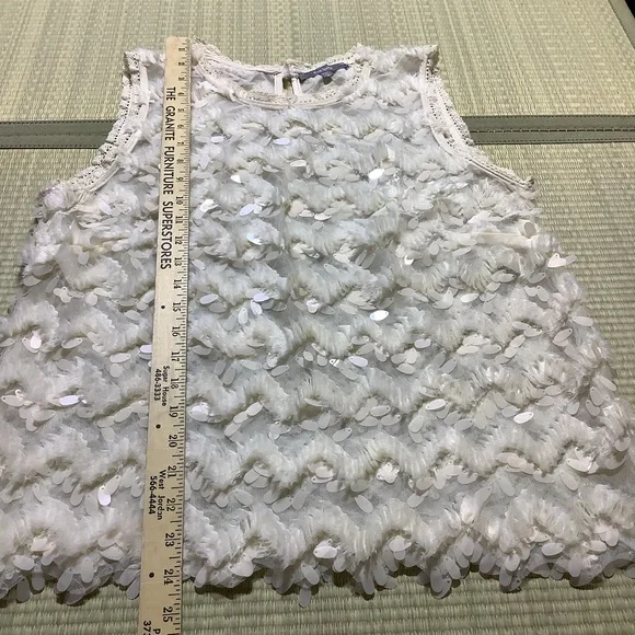 Anthropologie Blue Tassel Sleeveless Cream Top with Disk Sequins - Picture 4 of 8